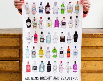 Gin Collection Tea Towel, Gin Gift, Gin Lover, Kitchen Towel, Gin Montage, Gin Collection, Gin Lover Gift, Gin Illustration, Gin Decor