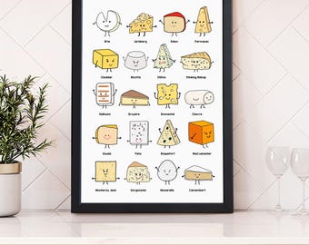 Cheese Lover Gift, Cheese Collection Print, Illustrated Cheese Poster, Foodie Kitchen Wall Art, Foodie Gift Decor, Cheese Board Decor