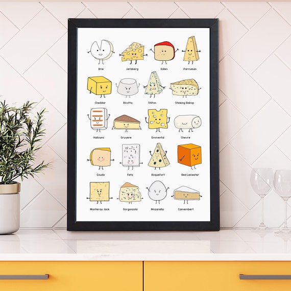 Cheese Lover Gift, Cheese Collection Print, Illustrated Cheese Poster, Foodie Kitchen Wall Art, Foodie Gift Decor, Cheese Board Decor