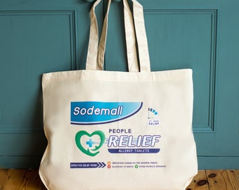 May include: A white canvas tote bag with a blue and green logo that says "Sodemall People Relief Allergy Tablets". The logo features a heart with a plus sign and the text "24 Hour Relief".