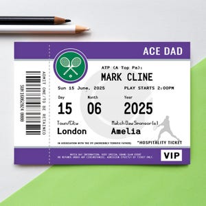 Personalised Tennis Ticket Card for Dad, Personalised Father's Day Card,Tennis Father's Day Card, Custom Card For Dad