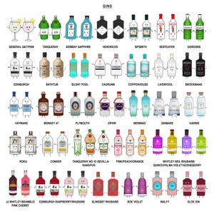 May include: An illustrated collection of gin bottles with faces and arms, including brands like Tanqueray, Bombay Sapphire, and Hendricks. The word "GINS" is at the top. Each bottle has a unique design and color scheme.