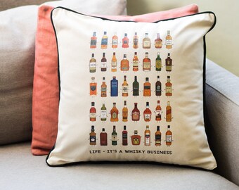 Varieties of Whisky Cushion, Home Bar Decor, Whisky Room Decor, Whisky Cushion Cover, Gift for a Whisky Lover, Whisky Gift, Man Cave Decor