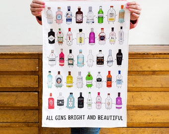 Gin Collection Tea Towel, Gin Gift, Gin Lover, Kitchen Towel, Gin Montage, Gin Collection, Gin Lover Gift, Gin Illustration, Gin Decor