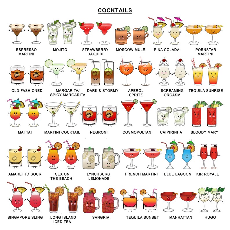May include: A colorful illustration featuring a variety of cocktails, each with a unique design and name. Drinks include Espresso Martini, Mojito, Strawberry Daiquiri, Moscow Mule, and many more. The word "COCKTAILS" is at the top.