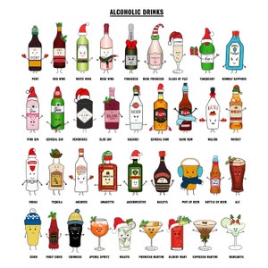 May include: An illustration of various alcoholic drinks, each with a cartoon face and wearing a Santa hat. The drinks include port, red wine, white wine, rose wine, prosecco, rose prosecco, glass of fizz, Tanqueray, Bombay Sapphire, pink gin, general gin, Hendricks, sloe gin, Bacardi, general rum, dark rum, Malibu, whisky, vodka, tequila, Archers, amaretto, Jagermeister, Baileys, pint of beer, bottle of beer, ale, cider, fruit cider, Guinness, Aperol spritz, mojito, pornstar martini, bloody mary, espresso martini, and margarita.