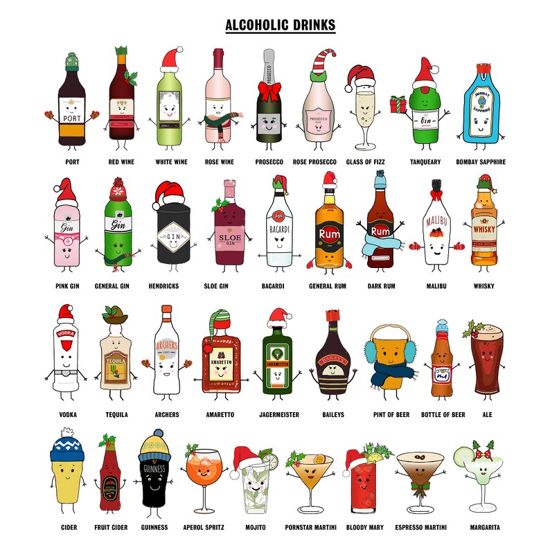 May include: An illustration of various alcoholic drinks, each with a cartoon face and wearing a Santa hat. The drinks include port, red wine, white wine, rose wine, prosecco, rose prosecco, glass of fizz, Tanqueray, Bombay Sapphire, pink gin, general gin, Hendricks, sloe gin, Bacardi, general rum, dark rum, Malibu, whisky, vodka, tequila, Archers, amaretto, Jagermeister, Baileys, pint of beer, bottle of beer, ale, cider, fruit cider, Guinness, Aperol spritz, mojito, pornstar martini, bloody mary, espresso martini, and margarita.