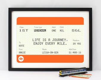 Personalised Birthday Gift, Birthday Print, Train Ticket Print, Gift for Husband, Life Quote, Travel Quote, Personalised Gift, Birthday Gift