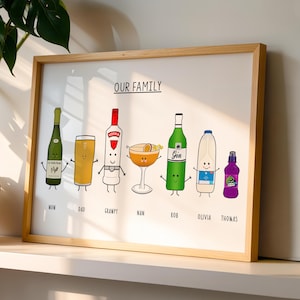 May include: A framed print with the text "OUR FAMILY" above cartoon illustrations of various beverage bottles and glasses, each labeled with a family member's name. The frame is light brown.
