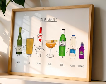 Personalised Family Drinks Print, Illustrated Family Portrait Print, Custom Family Name Wall Art, Personalised Gift for Families