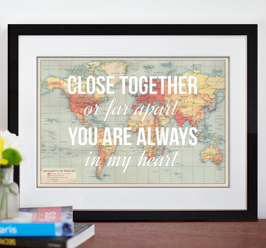 Long Distance Love Quote World Map Print Poster Map of