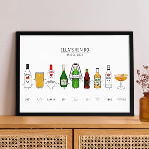 May include: A framed print featuring cartoon illustrations of various alcoholic beverages, each with a unique design and name. The print includes the text "ELLA'S HEN DO BRISOL 2026" at the top, with names like "Linds", "Katy", and "Emma" below the drinks.