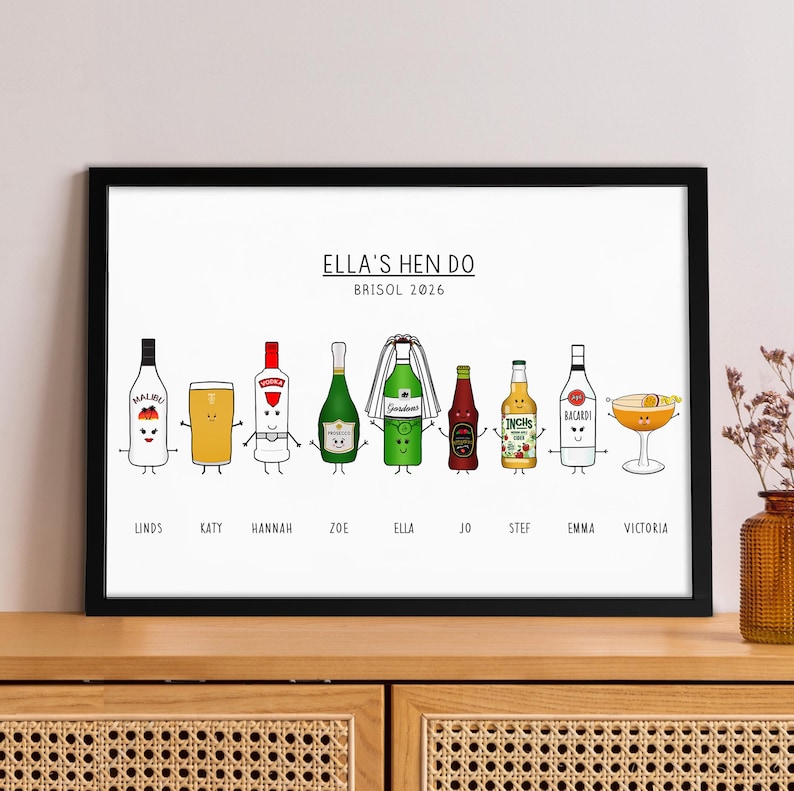 May include: A framed print featuring cartoon illustrations of various alcoholic beverages, each with a unique design and name. The print includes the text "ELLA'S HEN DO BRISOL 2026" at the top, with names like "Linds", "Katy", and "Emma" below the drinks.