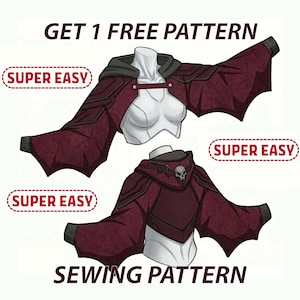 May include: Illustration of a sewing pattern for a hooded cape with batwing sleeves. The cape is burgundy with black trim and a skull design on the hood. The text "GET 1 FREE PATTERN" and "SEWING PATTERN" are displayed.