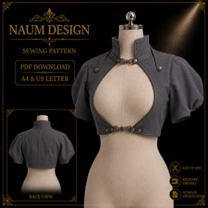 May include: A grey bolero jacket sewing pattern by Naum Design featuring a high collar, puff sleeves, and two ornate metal clasps at the center front. The design includes a large circular cutout on the chest and a separate back view illustration.