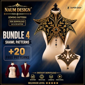 Könnte beinhalten: Ein digitales Schnittmuster-Paket von Naum Design mit vier Schal-Schnittmustern und zwanzig kostenlosen Mustern. Das Bild zeigt zwei schwarze Kragen mit goldener Blattstickerei und schwarzen Perlen sowie zwei kastanienbraune Kleidungsstücke.