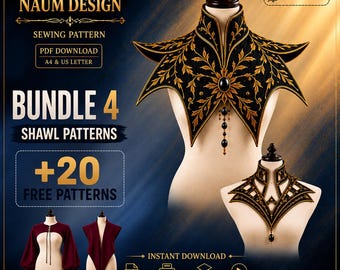 Könnte beinhalten: Ein digitales Schnittmuster-Paket von Naum Design mit vier Schal-Schnittmustern und zwanzig kostenlosen Mustern. Das Bild zeigt zwei schwarze Kragen mit goldener Blattstickerei und schwarzen Perlen sowie zwei kastanienbraune Kleidungsstücke.