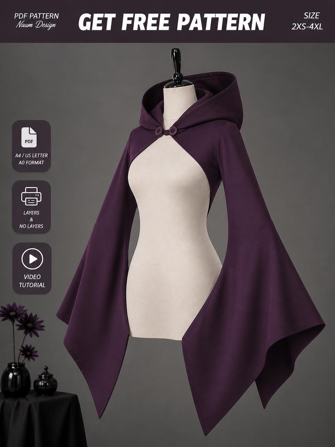 Dark Witch Hooded Cape Pattern PDF, Gothic Fantasy Cloak, Batwing ...
