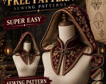 Könnte beinhalten: Ein tiefburgunderrotes Kapuzen- und Kragenset aus Samt mit goldener Blumenstickerei, hohem Kragen und einer zentralen verzierten Brosche. Auf einer Schneiderpuppe präsentiert, mit dem Text FREE PATTERN SEWING PATTERNS und SEWING PATTERN.