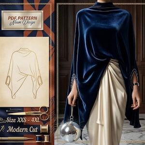 Puede incluir: Una capa de terciopelo azul marino con mangas adornadas está drapeada sobre un vestido color crema. La imagen incluye un boceto de la capa, el texto "PDF Pattern Naeum Design" y "Size XXS - 4XL Modern Cut". Se sostiene una bola de discoteca en la mano.