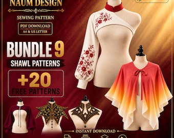 Könnte beinhalten: Ein digitales Schnittmuster-Paket von Naum Design mit verschiedenen Schal- und Kleidungsdesigns. Das Bild zeigt Schaufensterpuppen, die ein weißes Oberteil mit einem Ärmel und roter Blumenstickerei sowie einen rot-gelben Ombré-Schal tragen.