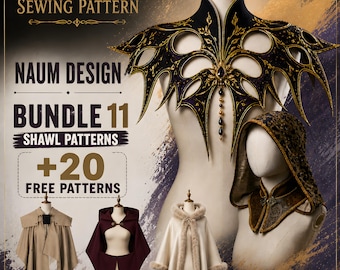 Könnte beinhalten: Ein Schnittmuster-Bundle mit dem Titel Naum Design Bundle 11, das Schal-Schnittmuster und 20 kostenlose Schnittmuster enthält. Das Bild zeigt einen verzierten Kragen in Dunkelviolett und Gold, ein Kapuzencape und drei kleine Schaufensterpuppen.