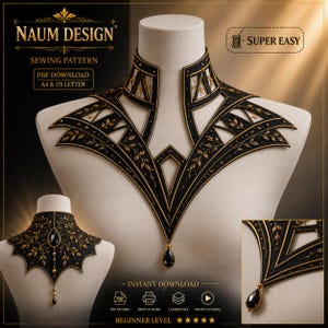 May include: A sewing pattern for a black and gold collar featuring intricate leaf patterns, geometric cutouts, and a teardrop-shaped black pendant. The text includes NAUM DESIGN, SEWING PATTERN, PDF DOWNLOAD, A4 & US LETTER, SUPER EASY, and BEGINNER LEVEL.