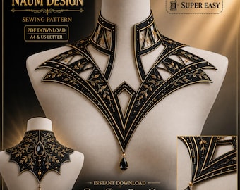 Könnte beinhalten: Ein Schnittmuster für einen schwarz-goldenen Kragen mit komplizierten Blattmustern, geometrischen Ausschnitten und einem schwarzen tropfenförmigen Anhänger. Der Text enthält NAUM DESIGN, SEWING PATTERN, PDF DOWNLOAD, A4 & US LETTER, SUPER EASY und BEGINNER LEVEL.