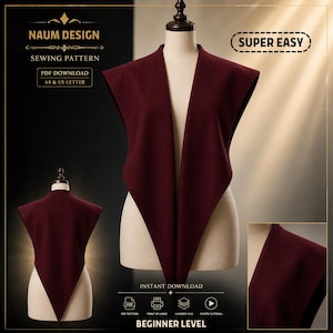 May include: A dark burgundy sleeveless garment with a deep V-neckline displayed on a mannequin. The sewing pattern includes text: NAUM DESIGN, SEWING PATTERN, PDF DOWNLOAD, A4 & US LETTER, SUPER EASY, INSTANT DOWNLOAD, BEGINNER LEVEL.