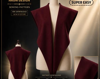 Könnte beinhalten: Ein dunkelburgunderfarbenes ärmelloses Kleidungsstück mit tiefem V-Ausschnitt auf einer Schneiderpuppe. Das Schnittmuster enthält den Text: NAUM DESIGN, SEWING PATTERN, PDF DOWNLOAD, A4 & US LETTER, SUPER EASY, INSTANT DOWNLOAD, BEGINNER LEVEL.