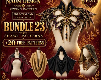 Könnte beinhalten: Ein digitales Schnittmuster-Paket mit dem Titel Naum Design Bundle 23 für Schals. Das Bild zeigt einen dunklen, verzierten Kragen, ein rotes Capelet, einen beigen Poncho, einen schwarzen Umhang mit Fledermausflügeln und eine gemusterte Kapuze.