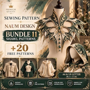 Może przedstawiać: Zestaw wykrojów krawieckich Naum Design Bundle 11 zawierający 11 wzorów szali i 20 darmowych wzorów. Obraz przedstawia ciemnozielony, złoty kołnierz w liście ze szmaragdowymi zawieszkami, szal z kapturem oraz format A4/US 21,6 x 27,9 cm.