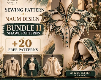 Könnte beinhalten: Ein Schnittmuster-Bundle namens Naum Design Bundle 11 mit 11 Schal-Schnittmustern und 20 kostenlosen Mustern. Das Bild zeigt einen dunkelgrünen, goldfarbenen Kragen mit Blattmuster und Smaragd-Anhängern, einen Kapuzenschal und das Format A4/US 21,6 x 27,9 cm.