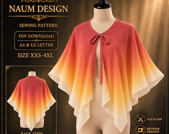 Könnte beinhalten: Ein Schnittmuster für ein Cape mit einem Farbverlauf von Rot über Orange zu Weiß. Der Text lautet NAUM DESIGN, SEWING PATTERN, PDF DOWNLOAD, A4 & US LETTER, SIZE XXS-4XL, BACK VIEW, EASY TO SEW, BEGINNER FRIENDLY und DETAILED INSTRUCTIONS.