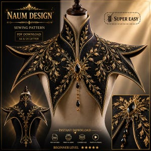 Könnte beinhalten: Ein schwarzer Schulterumhang mit filigraner goldener Blattstickerei, einem hohen Kragen und einem zentralen schwarzen Edelsteinanhänger mit hängenden Perlen. Das Design enthält den Text NAUM DESIGN, SEWING PATTERN, PDF DOWNLOAD und SUPER EASY.