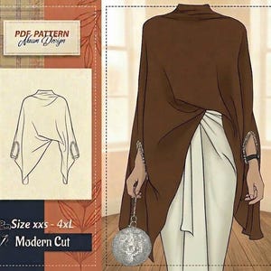 Gemakkelijk gedrapeerde omslagdoek naaipatroon pdf, gebruiksvriendelijke asymmetrische ponchocape, directe download Size2XS-4XL