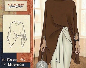 Könnte beinhalten: Ein brauner Poncho mit hohem Ausschnitt und verzierten Ärmelöffnungen, kombiniert mit einem cremefarbenen Rock. Das Bild enthält eine technische Strichzeichnung des Kleidungsstücks, den Text PDF PATTERN Naum Design und Size xxs - 4xL Modern Cut.