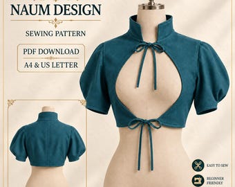 Könnte beinhalten: Ein Schnittmuster für einen türkisfarbenen, bauchfreien Bolero von Naum Design mit Stehkragen, Puffärmeln und zwei Bindebändern vorne. Der PDF-Download enthält A4- und US-Letter-Formate. Das Bild zeigt Vorder- und Rückansicht auf einer Schneiderpuppe.