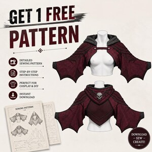 Puede incluir: Un patrón de costura digital para un bolero corto de color rojo oscuro con capucha y mangas estilo ala de murciélago. La imagen muestra la prenda en un maniquí, con un emblema de calavera en una versión y una correa frontal en la otra.