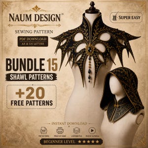 May include: A digital sewing pattern bundle by Naum Design featuring 15 shawl patterns and 20 free patterns. The image displays two mannequin displays wearing black and gold ornate collars, one with a pointed design and one with a hood.