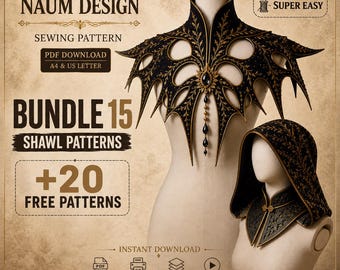 Könnte beinhalten: Ein digitales Schnittmuster-Paket von Naum Design mit 15 Schal-Mustern und 20 kostenlosen Mustern. Das Bild zeigt zwei Schaufensterpuppen mit verzierten schwarzen und goldenen Kragen, einer mit spitzem Design und einer mit Kapuze.