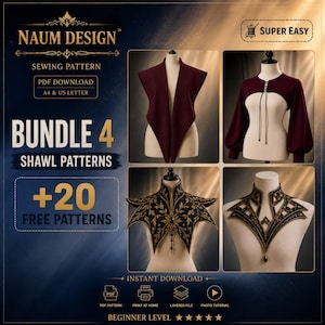 Può includere: Un pacchetto di cartamodelli digitali Naum Design con quattro modelli di scialli e venti modelli gratuiti. L'immagine mostra quattro capi su manichini: uno scialle bordeaux, un bolero bordeaux e due colletti neri riccamente decorati.