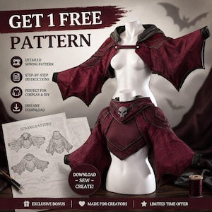 May include: A dark red, bat-winged hooded capelet with black trim and a skull emblem on the chest, displayed on two white mannequins. The image includes text reading GET 1 FREE PATTERN, DETAILED SEWING PATTERN, and DOWNLOAD - SEW - CREATE!