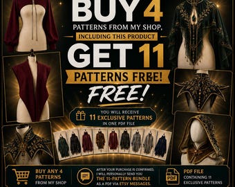 Könnte beinhalten: Eine digitale Werbeanzeige für Schnittmuster mit verschiedenen Kleidungsdesigns, darunter ein weinroter Bolero, ein dunkelgrüner bestickter Umhang und ein Kapuzenumhang. Der Text lautet: MEGA SEWING PATTERN DEAL BUY 4 PATTERNS FROM MY SHOP, INCLUDING THIS PRODUCT GET 11 PATTERNS FREE!