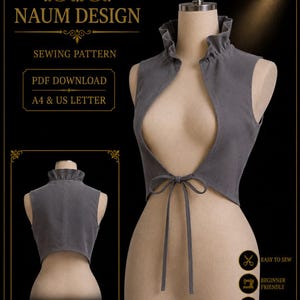 May include: A grey sleeveless bolero top with a ruffled high collar and a front tie closure, displayed on a mannequin. The image includes text: NAUM DESIGN, SEWING PATTERN, PDF DOWNLOAD, A4 & US LETTER, BACK VIEW, EASY TO SEW, BEGINNER FRIENDLY, DETAILED INSTRUCTIONS.