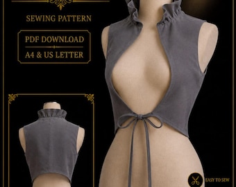 Könnte beinhalten: Ein graues ärmelloses Bolero-Oberteil mit hohem Rüschenkragen und Bindeband vorne, präsentiert auf einer Schneiderpuppe. Das Bild enthält den Text: NAUM DESIGN, SEWING PATTERN, PDF DOWNLOAD, A4 & US LETTER, BACK VIEW, EASY TO SEW, BEGINNER FRIENDLY, DETAILED INSTRUCTIONS.