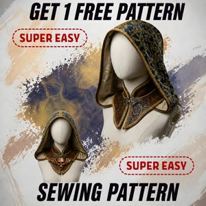 Op de afbeelding: Afbeelding met twee patroonontwerpen voor capuchons op mannequinhoofden. De capuchons zijn donkerblauw met gouden randen en sierlijke patronen. De tekst "GET 1 FREE PATTERN" en "SEWING PATTERN" zijn te zien, evenals "SUPER EASY" in een rode ovaal.