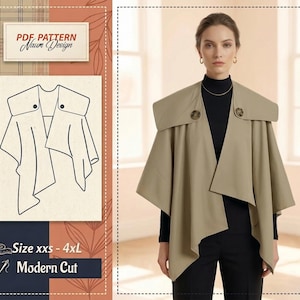 Modern Asymmetrical Cape PDF Pattern, Oversized Minimalist Poncho Jacket XXS–4XL