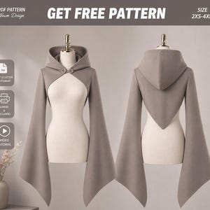 May include: A gray hooded cape with long, flared sleeves, displayed on a mannequin. The cape features a button closure at the neckline. The image shows both the front and back views of the garment. The text "GET FREE PATTERN" is visible at the top.