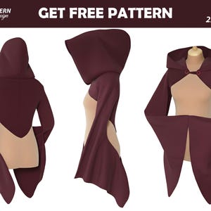 Modello di cucito per mantello con cappuccio da strega in PDF, scialle corto da maga oscura, mantello fantasy con maniche a pipistrello